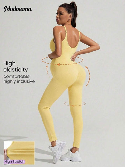 Yellow Rib-Knit Asymmetrical Neck Maternity Jumpsuit - High Stretch Sleeveless Skinny Fit Capri One Piece - Casual Sporty Maternity Wear