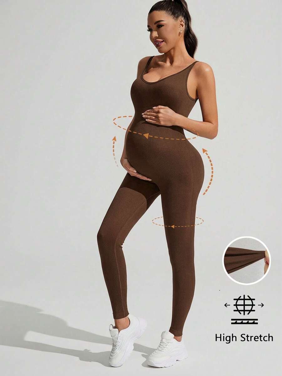 Yellow Rib-Knit Asymmetrical Neck Maternity Jumpsuit - High Stretch Sleeveless Skinny Fit Capri One Piece - Casual Sporty Maternity Wear