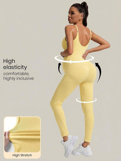 Yellow Rib-Knit Asymmetrical Neck Maternity Jumpsuit - High Stretch Sleeveless Skinny Fit Capri One Piece - Casual Sporty Maternity Wear