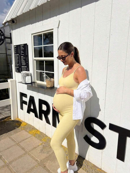 Yellow Rib-Knit Asymmetrical Neck Maternity Jumpsuit - High Stretch Sleeveless Skinny Fit Capri One Piece - Casual Sporty Maternity Wear