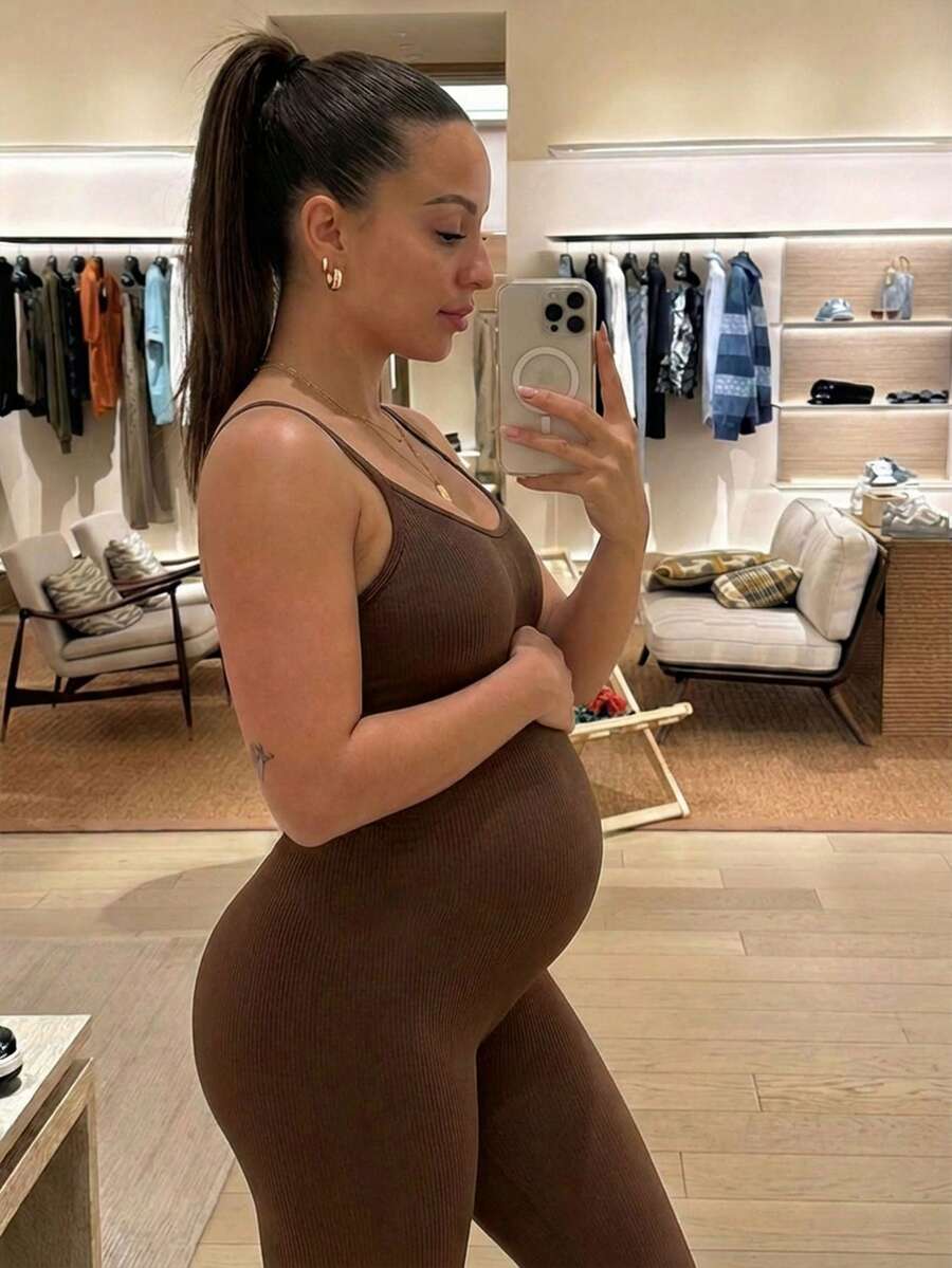 Yellow Rib-Knit Asymmetrical Neck Maternity Jumpsuit - High Stretch Sleeveless Skinny Fit Capri One Piece - Casual Sporty Maternity Wear