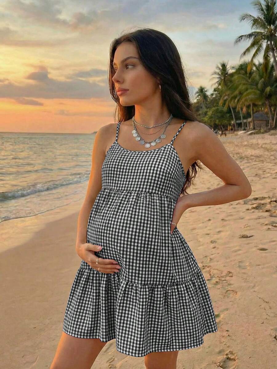 Maternity Red Plaid Cami Dress - Spaghetti Strap, Cold Shoulder, Backless, Slim Fit, Red
