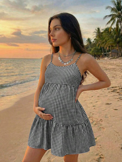 Maternity Red Plaid Cami Dress - Spaghetti Strap, Cold Shoulder, Backless, Slim Fit, Red