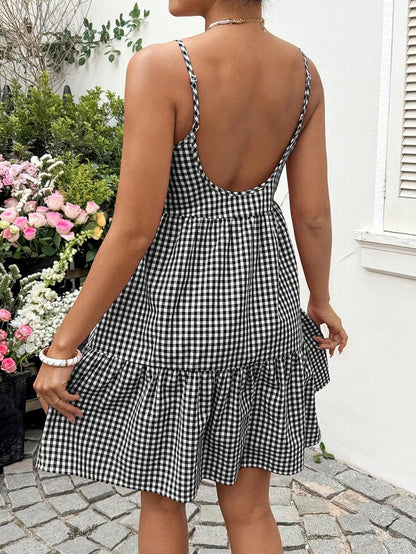 Maternity Red Plaid Cami Dress - Spaghetti Strap, Cold Shoulder, Backless, Slim Fit, Red