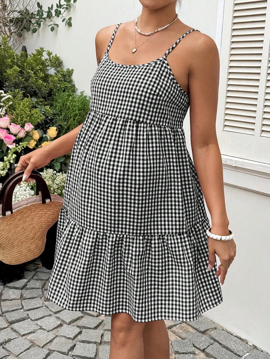 Maternity Red Plaid Cami Dress - Spaghetti Strap, Cold Shoulder, Backless, Slim Fit, Red