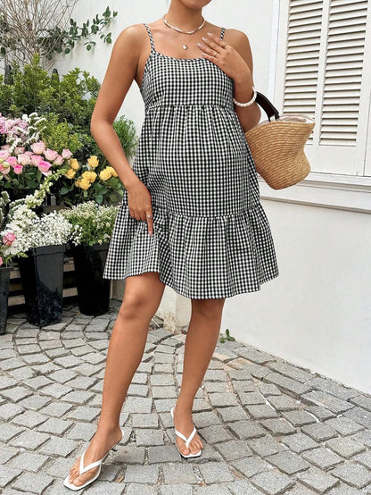 Maternity Red Plaid Cami Dress - Spaghetti Strap, Cold Shoulder, Backless, Slim Fit, Red