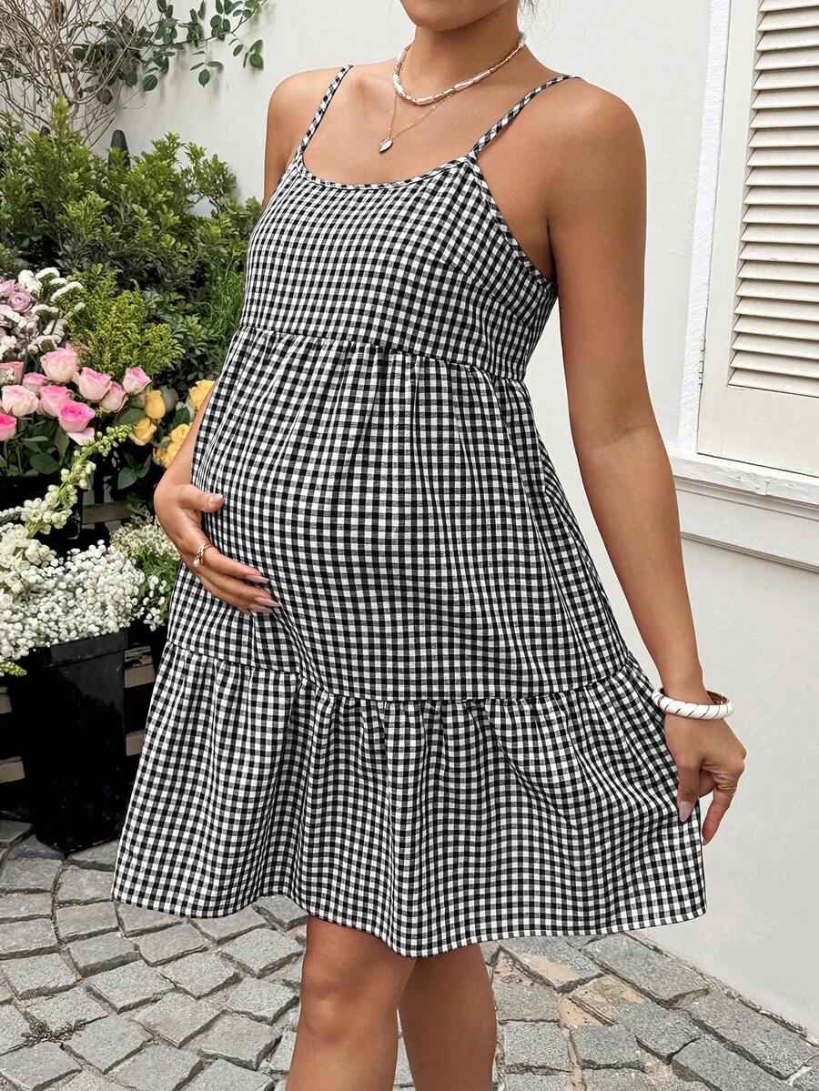 Maternity Red Plaid Cami Dress - Spaghetti Strap, Cold Shoulder, Backless, Slim Fit, Red