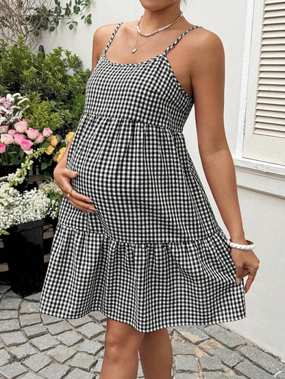 Maternity Red Plaid Cami Dress - Spaghetti Strap, Cold Shoulder, Backless, Slim Fit, Red
