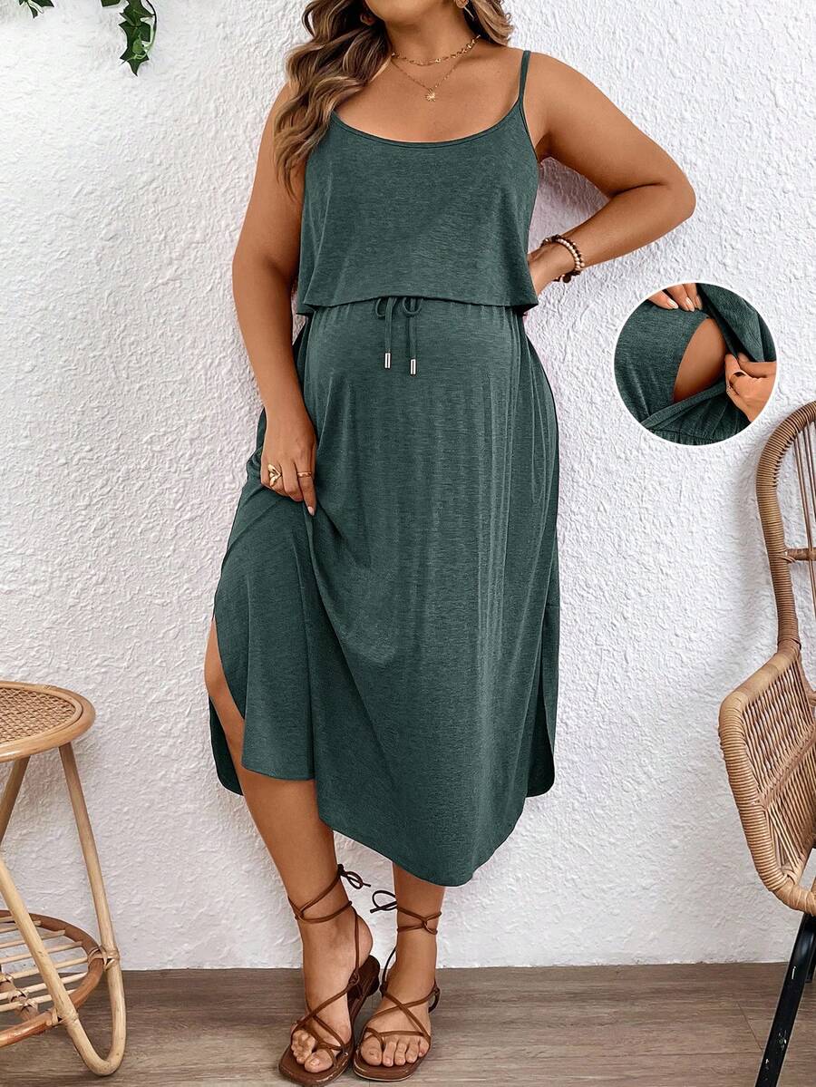 Maternity Spaghetti Strap Midi Dress - Backless, High Waist, Burgundy