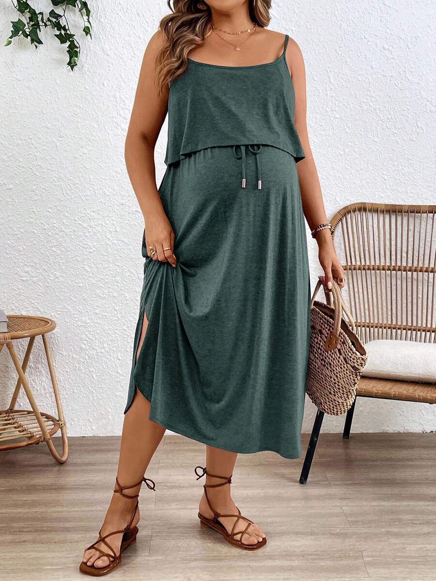 Maternity Spaghetti Strap Midi Dress - Backless, High Waist, Burgundy