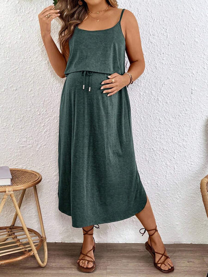 Maternity Spaghetti Strap Midi Dress - Backless, High Waist, Burgundy