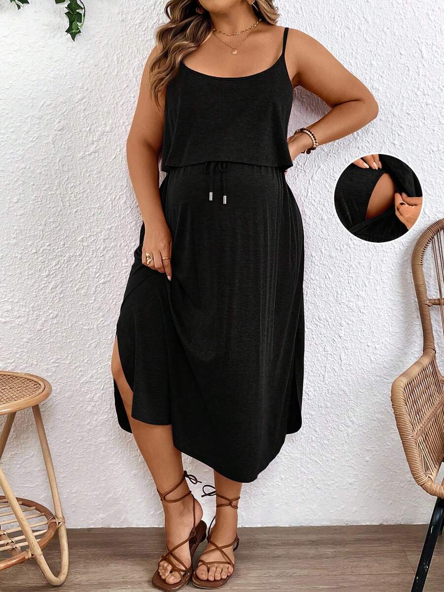 Maternity Spaghetti Strap Midi Dress - Backless, High Waist, Burgundy