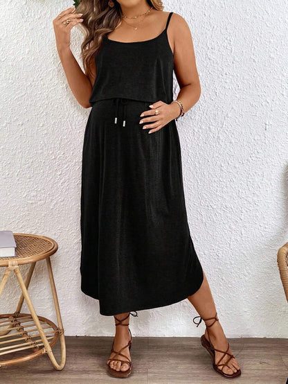 Maternity Spaghetti Strap Midi Dress - Backless, High Waist, Burgundy