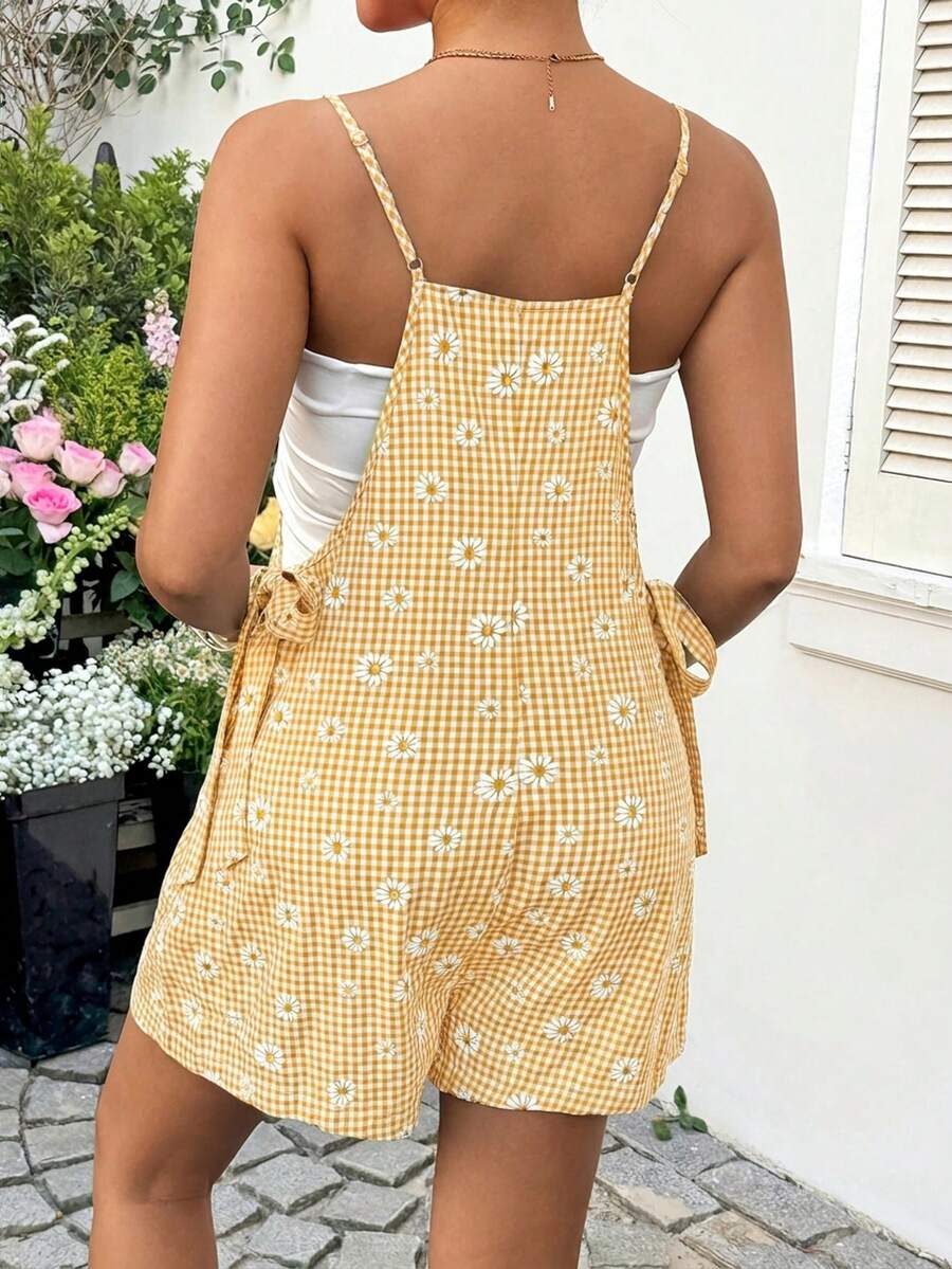 Dusty Pink Plaid Maternity Romper with Daisy Detail – Boho Spaghetti Strap Side Tie Summer Vacation Cami Jumpsuit for Pregnant Women