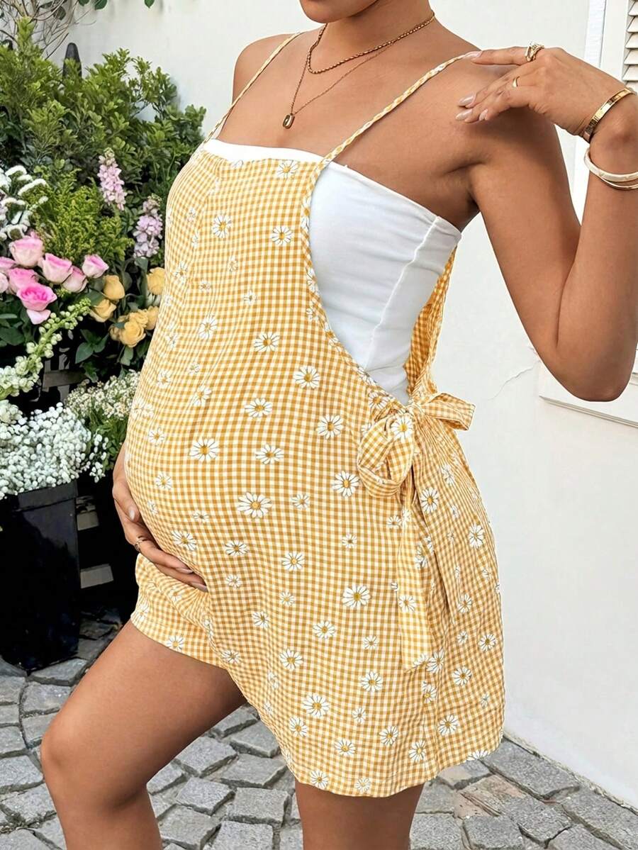Mauve Purple Daisy Print Maternity Romper - Boho Spaghetti Strap Side Tie Maternity Jumper for Summer Vacation and Beach Outfits