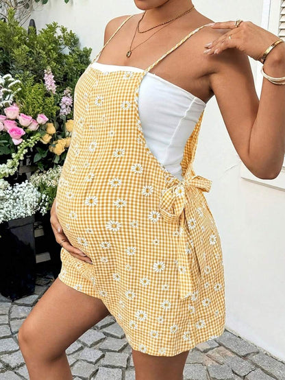 Mauve Purple Daisy Print Maternity Romper - Boho Spaghetti Strap Side Tie Maternity Jumper for Summer Vacation and Beach Outfits