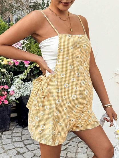 Dusty Pink Plaid Maternity Romper with Daisy Detail – Boho Spaghetti Strap Side Tie Summer Vacation Cami Jumpsuit for Pregnant Women