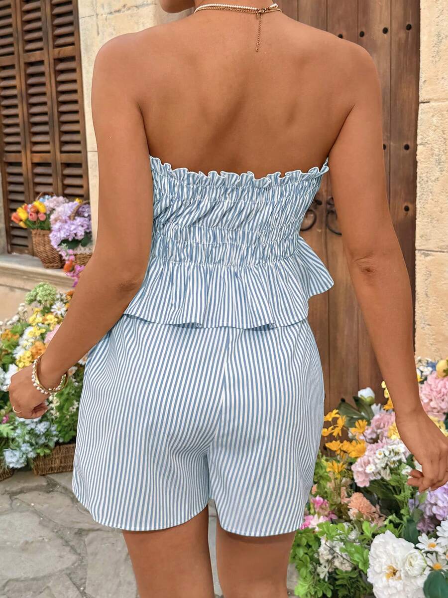 Maternity 2-Piece Summer Vacation Set Yellow Striped Ruffle Bandeau Top and Adjustable Waist Mini Shorts Beach Outfit