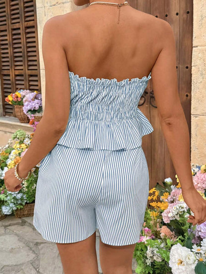 Maternity 2-Piece Summer Vacation Set Yellow Striped Ruffle Bandeau Top and Adjustable Waist Mini Shorts Beach Outfit