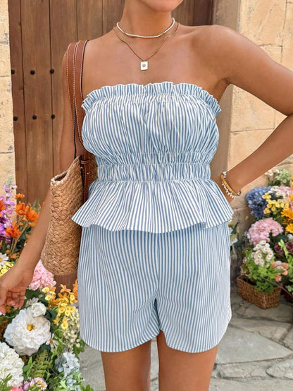 Maternity 2-Piece Summer Vacation Set Yellow Striped Ruffle Bandeau Top and Adjustable Waist Mini Shorts Beach Outfit