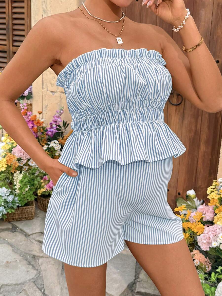 Maternity 2-Piece Summer Vacation Set Yellow Striped Ruffle Bandeau Top and Adjustable Waist Mini Shorts Beach Outfit