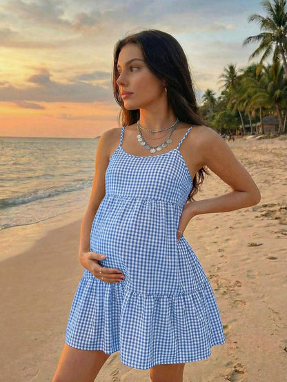 Maternity Red Plaid Cami Dress - Spaghetti Strap, Cold Shoulder, Backless, Slim Fit, Red