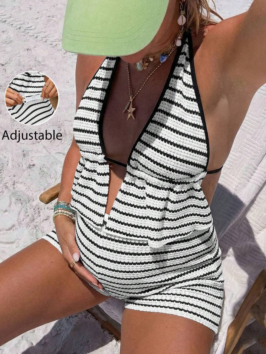 Striped Halter Maternity Two Piece Set Black and White Backless Knitted Crop Top and Mini Shorts Summer Beach Vacation Outfit