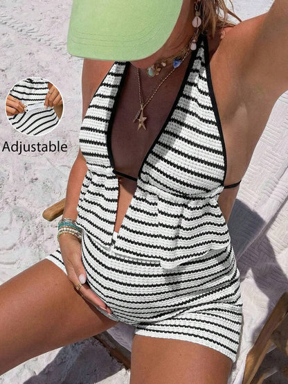 Striped Halter Maternity Two Piece Set Black and White Backless Knitted Crop Top and Mini Shorts Summer Beach Vacation Outfit