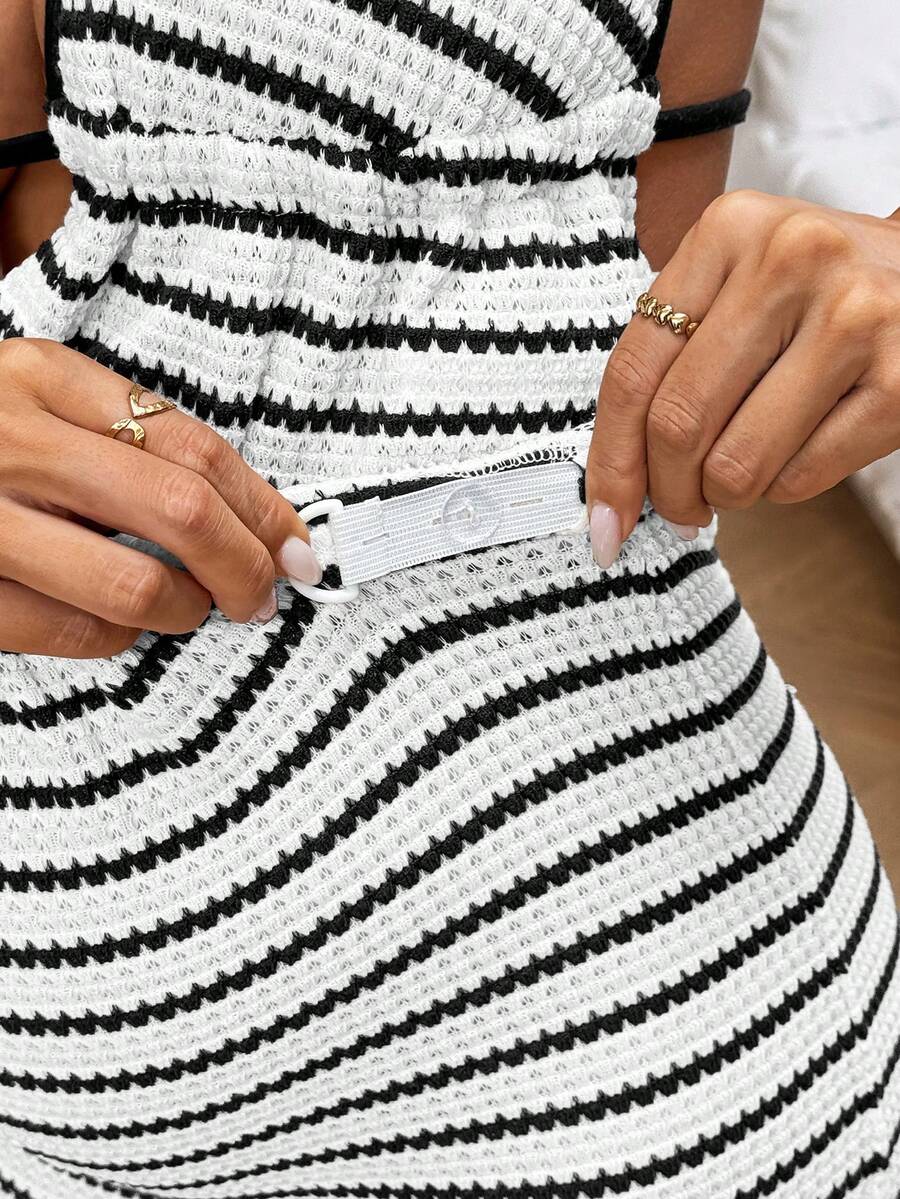 Striped Halter Maternity Two Piece Set Black and White Backless Knitted Crop Top and Mini Shorts Summer Beach Vacation Outfit