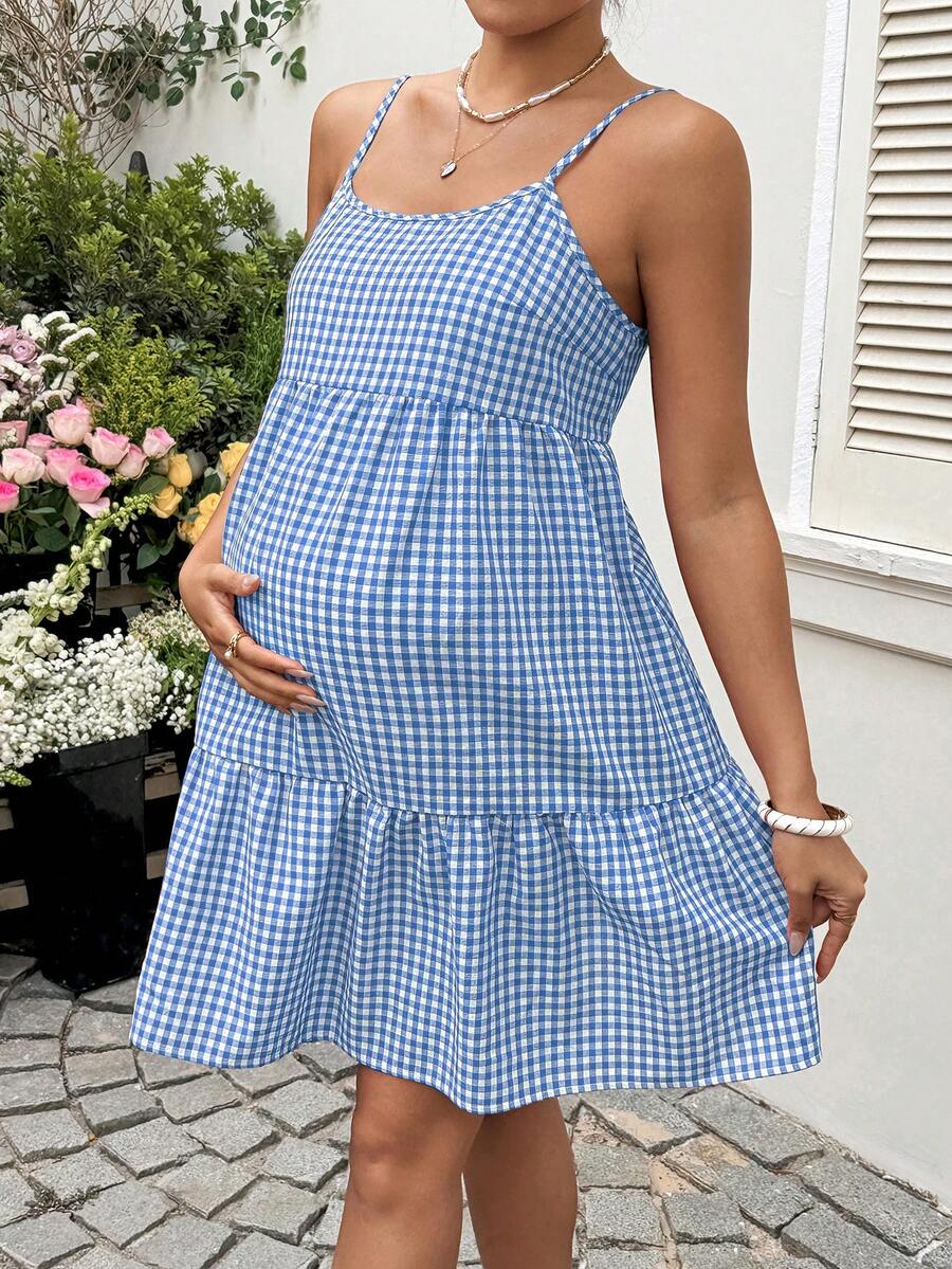 Maternity Red Plaid Cami Dress - Spaghetti Strap, Cold Shoulder, Backless, Slim Fit, Red