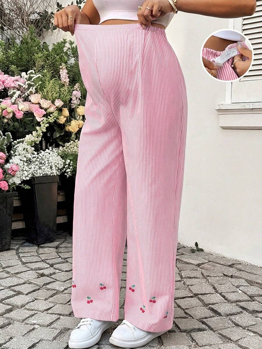 Striped Wide Leg Maternity Pants with Adjustable Drawstring Waist – Black and White Plant Print High Waist Cropped Loose Fit Beach Trousers