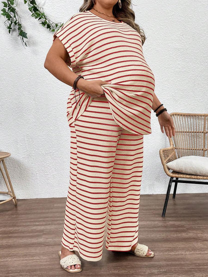 Plus Size Maternity Striped 2-Piece Set - Round Neck Tee & Wide Leg Pants, Skinny Fit, Apricot