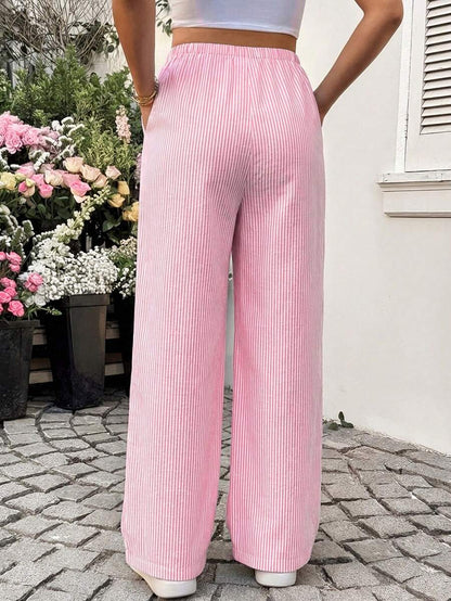 Striped Wide Leg Maternity Pants with Adjustable Drawstring Waist – Black and White Plant Print High Waist Cropped Loose Fit Beach Trousers