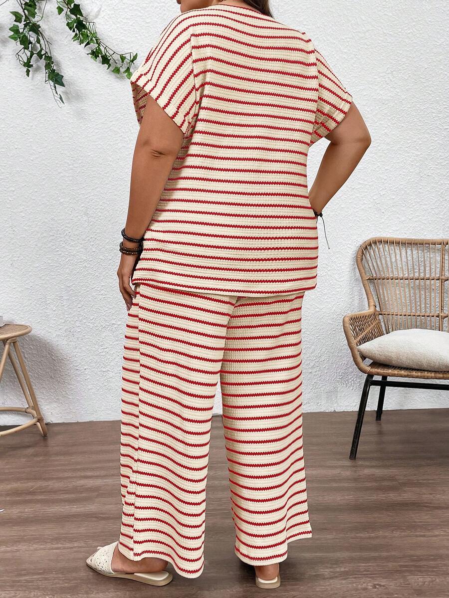 Plus Size Maternity Striped 2-Piece Set - Round Neck Tee & Wide Leg Pants, Skinny Fit, Apricot