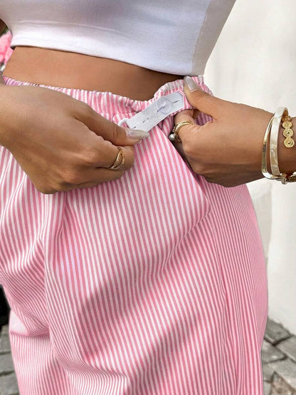 Striped Wide Leg Maternity Pants with Adjustable Drawstring Waist – Black and White Plant Print High Waist Cropped Loose Fit Beach Trousers