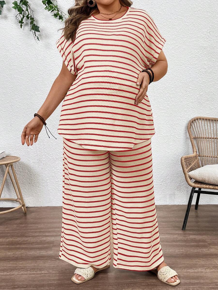 Plus Size Maternity Striped 2-Piece Set - Round Neck Tee & Wide Leg Pants, Skinny Fit, Apricot