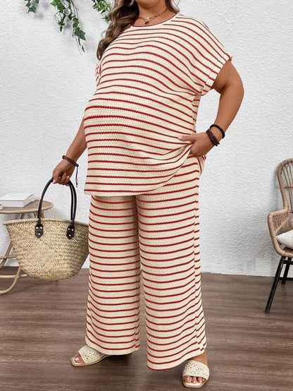 Plus Size Maternity Striped 2-Piece Set - Round Neck Tee & Wide Leg Pants, Skinny Fit, Apricot