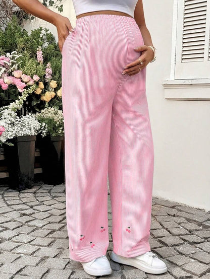 Striped Wide Leg Maternity Pants with Adjustable Drawstring Waist – Black and White Plant Print High Waist Cropped Loose Fit Beach Trousers