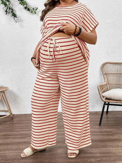 Plus Size Maternity Striped 2-Piece Set - Round Neck Tee & Wide Leg Pants, Skinny Fit, Apricot