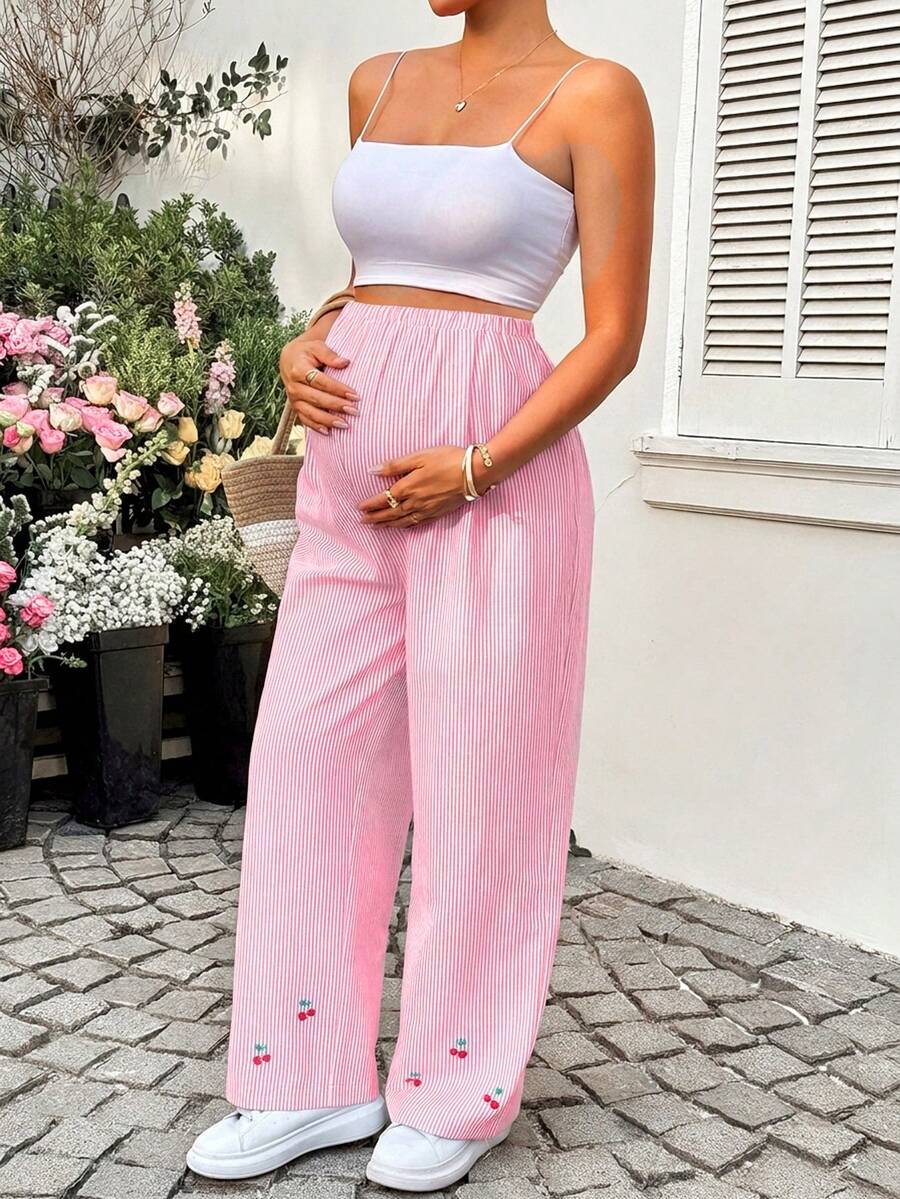 Striped Wide Leg Maternity Pants with Adjustable Drawstring Waist – Black and White Plant Print High Waist Cropped Loose Fit Beach Trousers