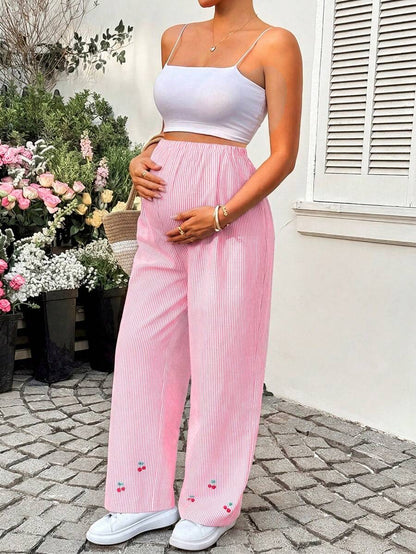 Striped Wide Leg Maternity Pants with Adjustable Drawstring Waist – Black and White Plant Print High Waist Cropped Loose Fit Beach Trousers