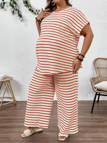 Plus Size Maternity Striped 2-Piece Set - Round Neck Tee & Wide Leg Pants, Skinny Fit, Apricot