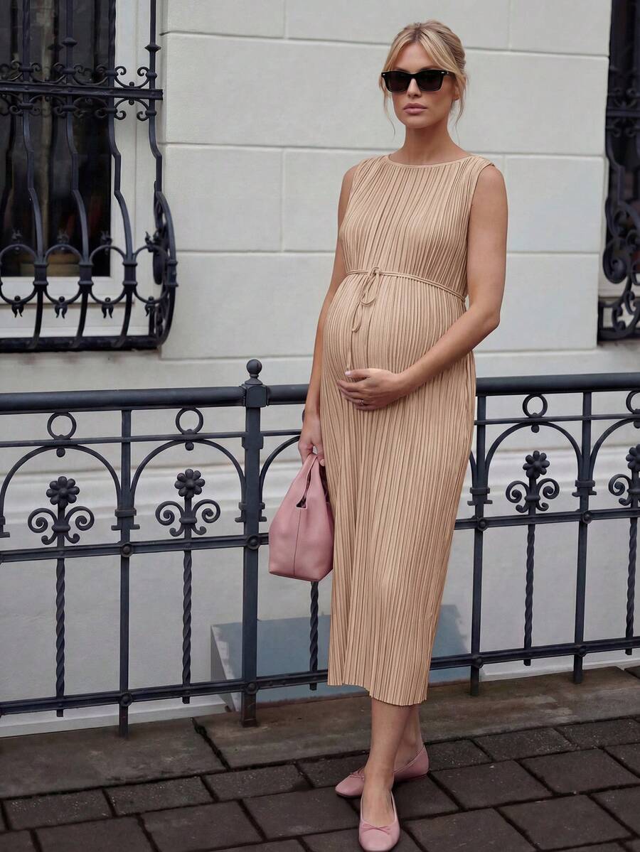 Maternity Pleated A-Line Midi Dress - Round Neck, Sleeveless, Belted, Slit Hem, White