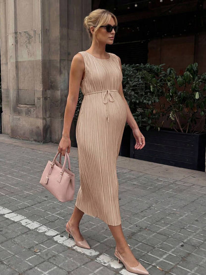 Maternity Pleated A-Line Midi Dress - Round Neck, Sleeveless, Belted, Slit Hem, White