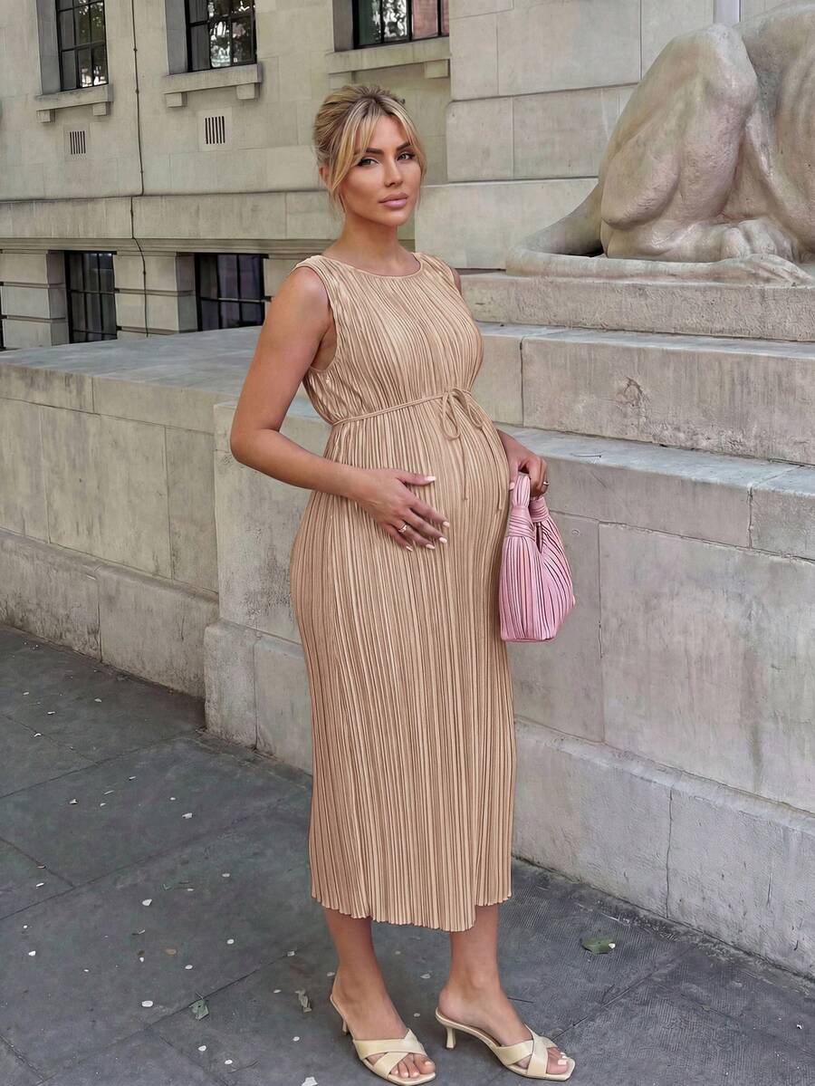 Maternity Pleated A-Line Midi Dress - Round Neck, Sleeveless, Belted, Slit Hem, White