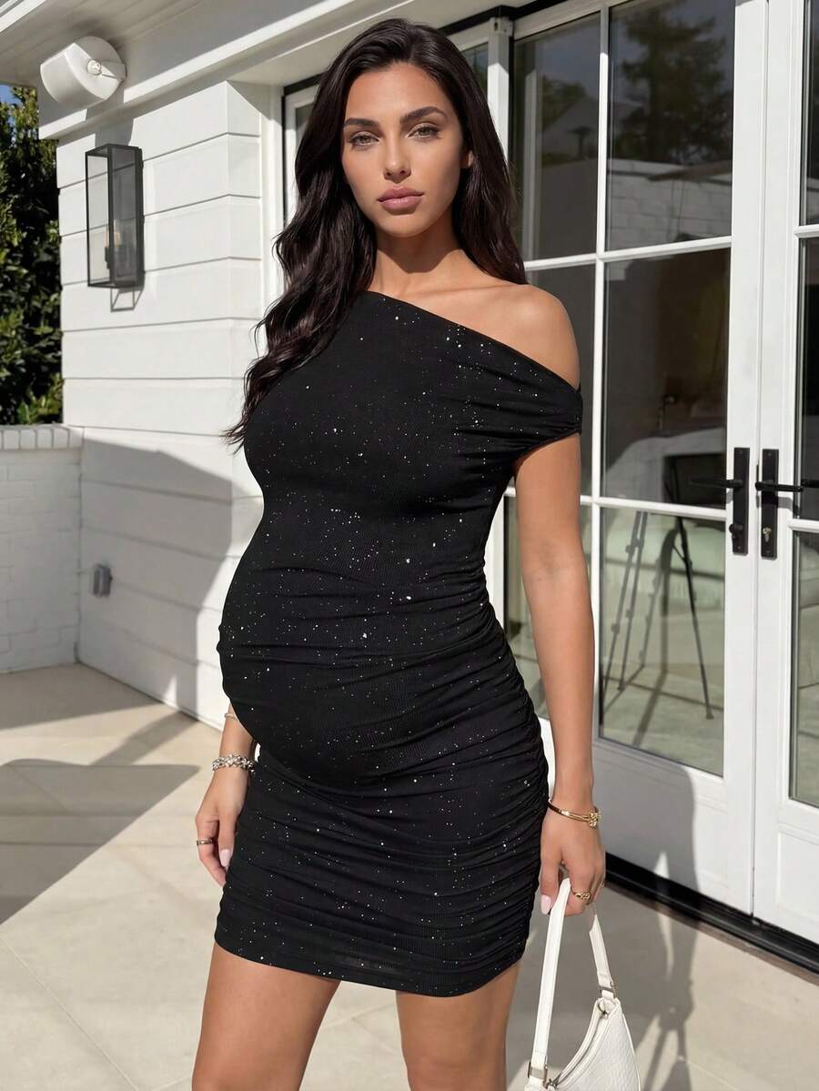 Black Shiny Ruched Maternity Bodycon Dress Asymmetrical Shoulder Slim Fit Elegant Short Sleeve Party Dress for Pregnancy