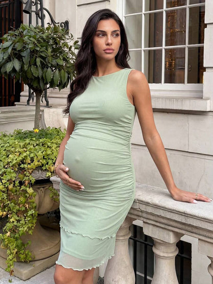 Green Sleeveless Ruched Maternity Tank Dress – Slim Fit Medium Stretch Knitted Bodycon Dress for Casual Summer Outings & Holidays