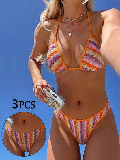 Swim Vcay Women's Swimwear Set, Fashionable Polka Dot Print Trim, Backless, Spaghetti Straps, Tie Waist, Triangle Swim Bottoms, Beach, Casual
