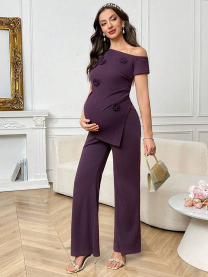 Purple Floral Two-Piece Maternity Set - Elegant Asymmetrical Single Shoulder Top and Slim Fit Pants - Romantic Summer Holiday Outfit for Pregnant Women