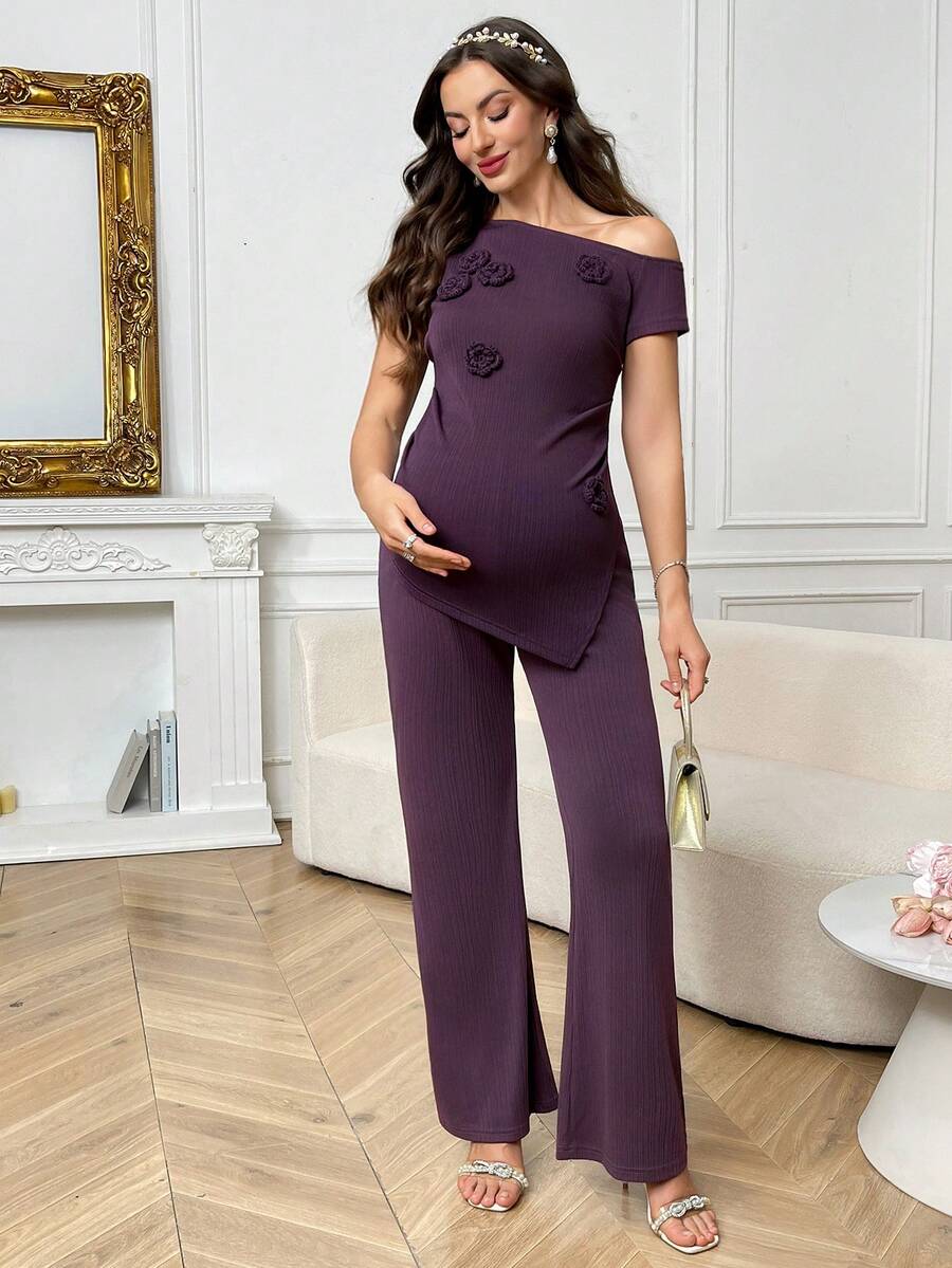 Purple Floral Two-Piece Maternity Set - Elegant Asymmetrical Single Shoulder Top and Slim Fit Pants - Romantic Summer Holiday Outfit for Pregnant Women